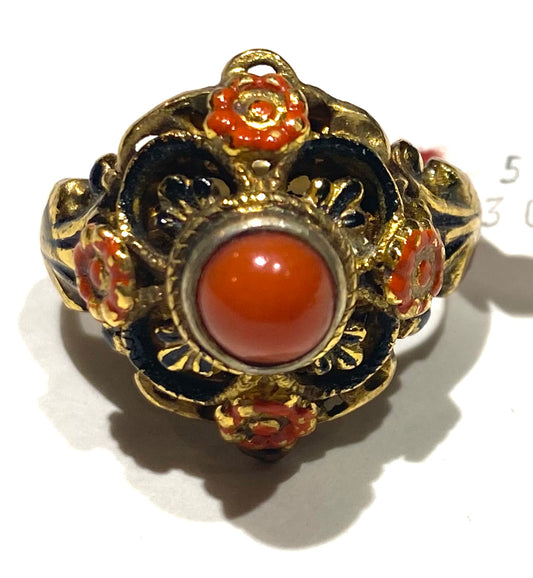 Baroque gold plated ring with natural coral & hand enamels, NOS 60s