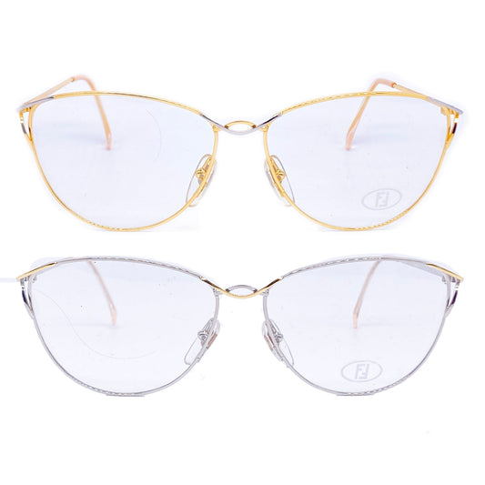 Fendi silver/gold Metal cateye eyeglasses frames, 2 inverted colorways,NOS 80s Italy