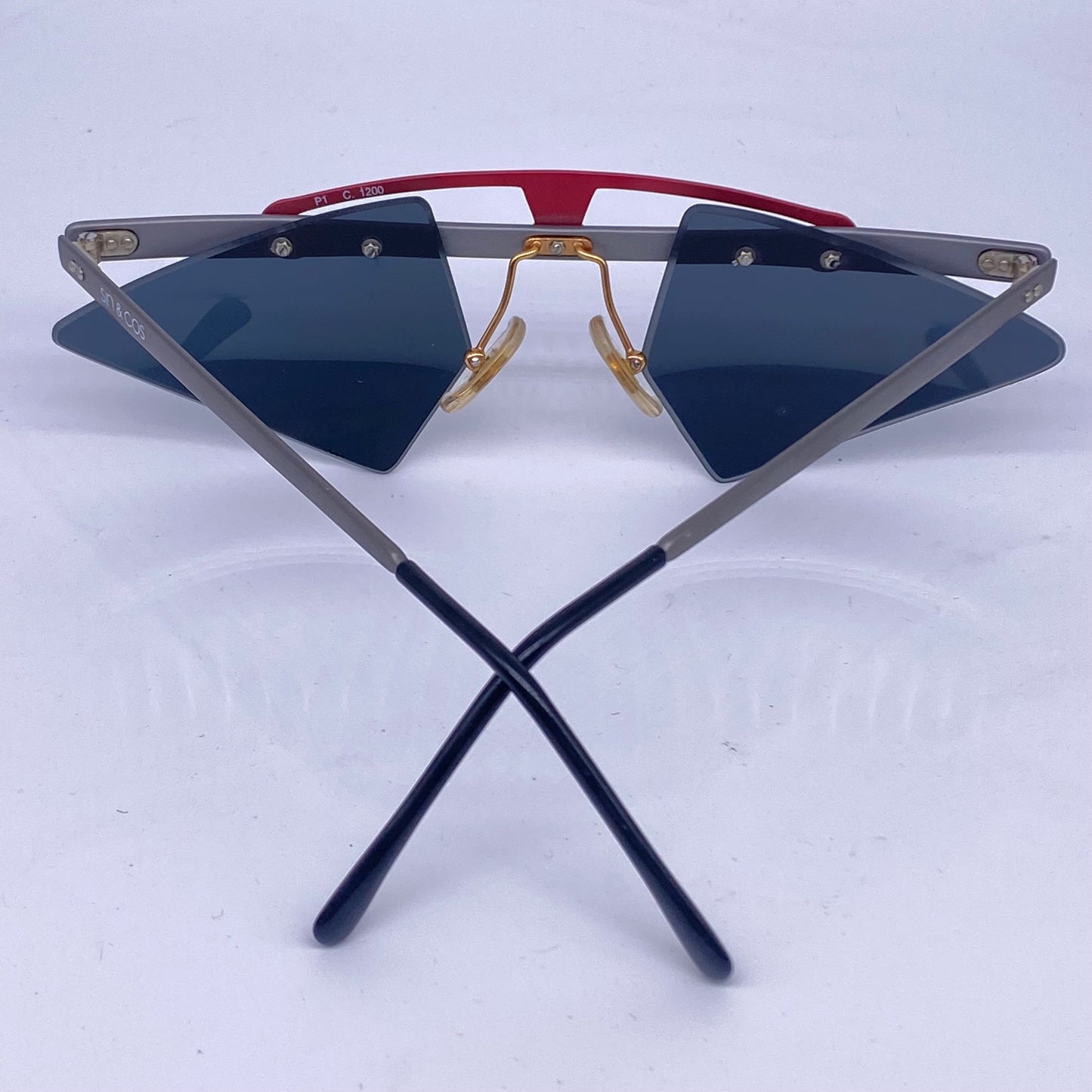 Sin&Cos edgy silver metal sunglasses with metallized red upper bridge, eye catching avant garde design, NOS 90s