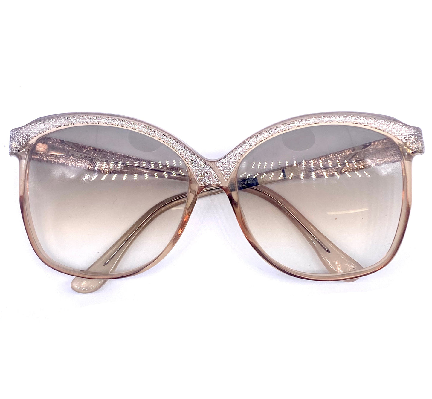 Ungaro oversized sunglasses, catchy silver glitter details over translucent sand color base, 80s Italy NOS