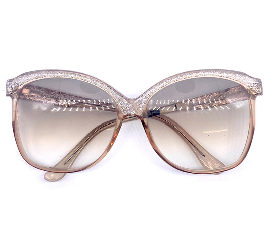 Ungaro oversized sunglasses, catchy silver glitter details over translucent sand color base, 80s Italy NOS