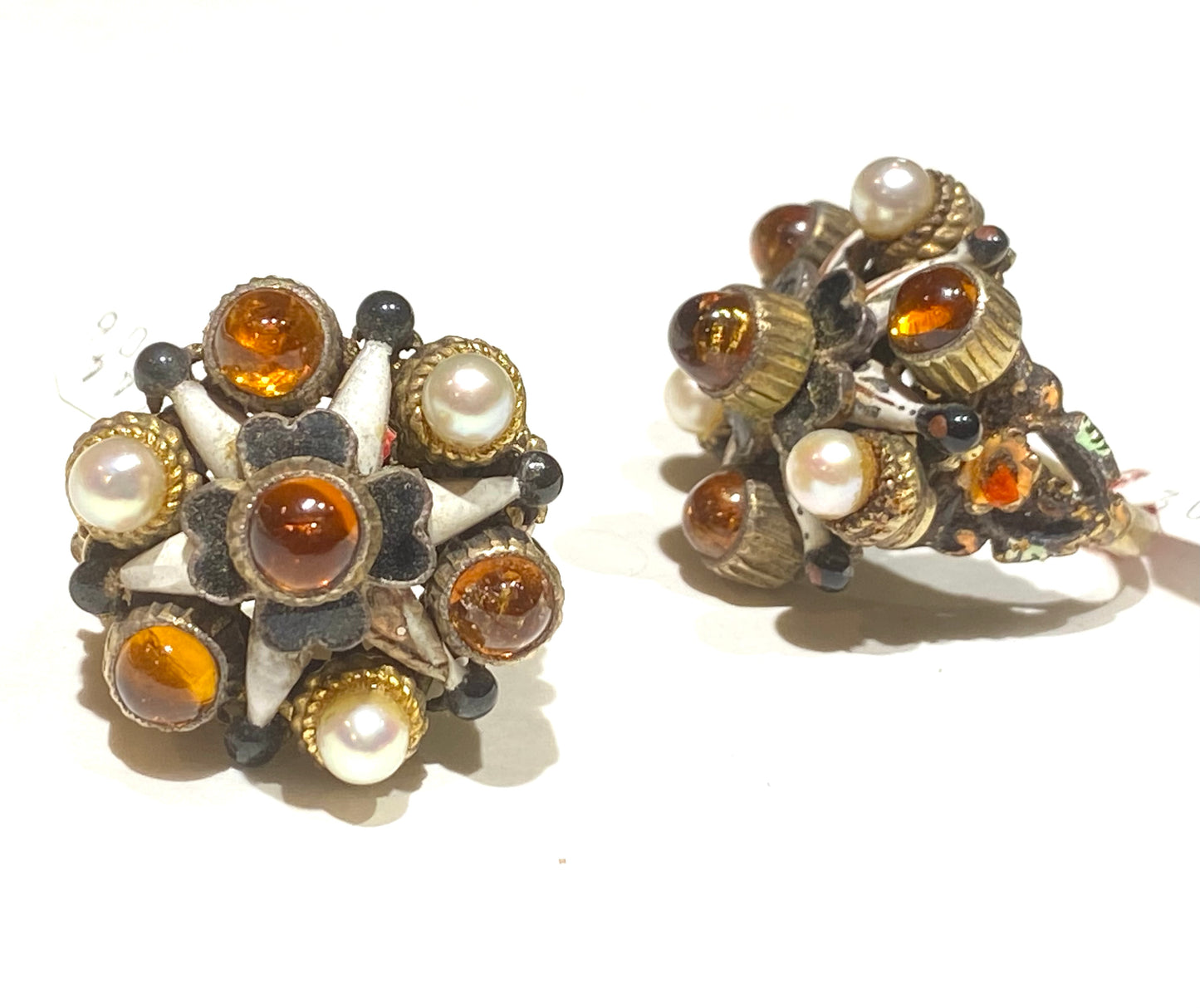 Round windstar, pearls & amber spheres 925 gold plated rings, NOS 60s