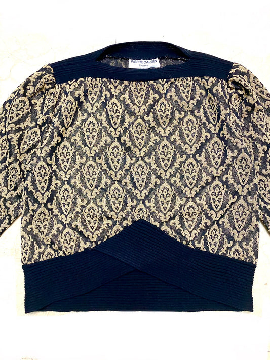 Pierre Cardin black/gold wool knit damask allover boat neck top, mint