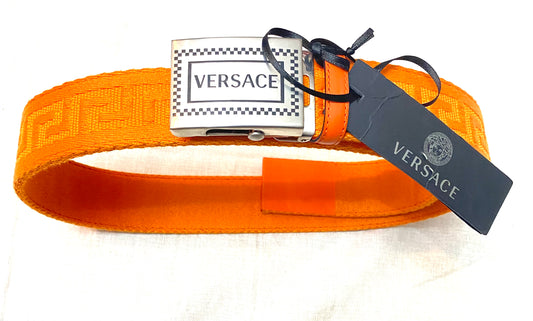 Versace orange Greek safety style strap belt, new with tags