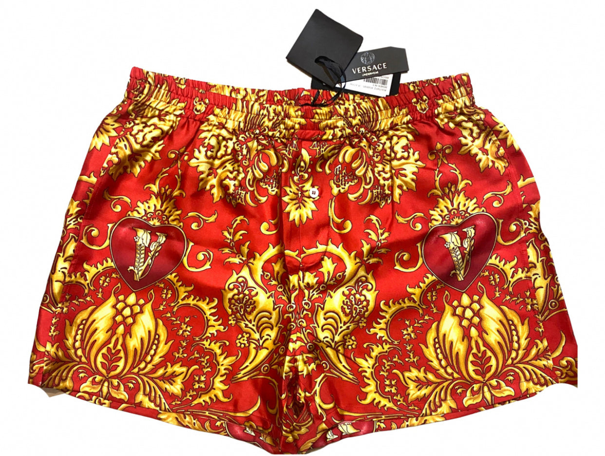 Versace Virtus V silk trunks in red w gold baroque motif, BNWT