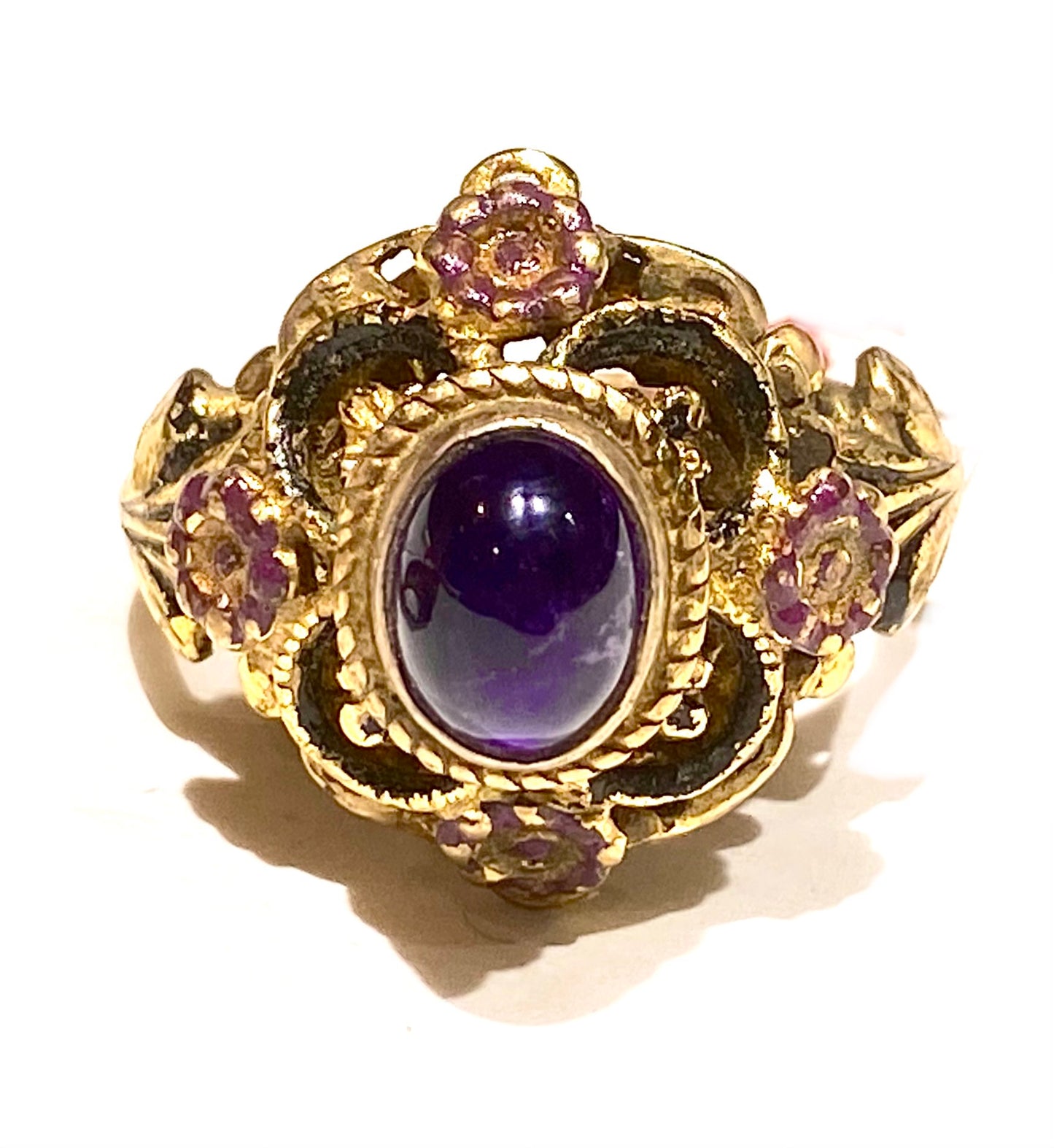 Amethyst & purple daisies gold plated 925 silver ring, 60s NOS
