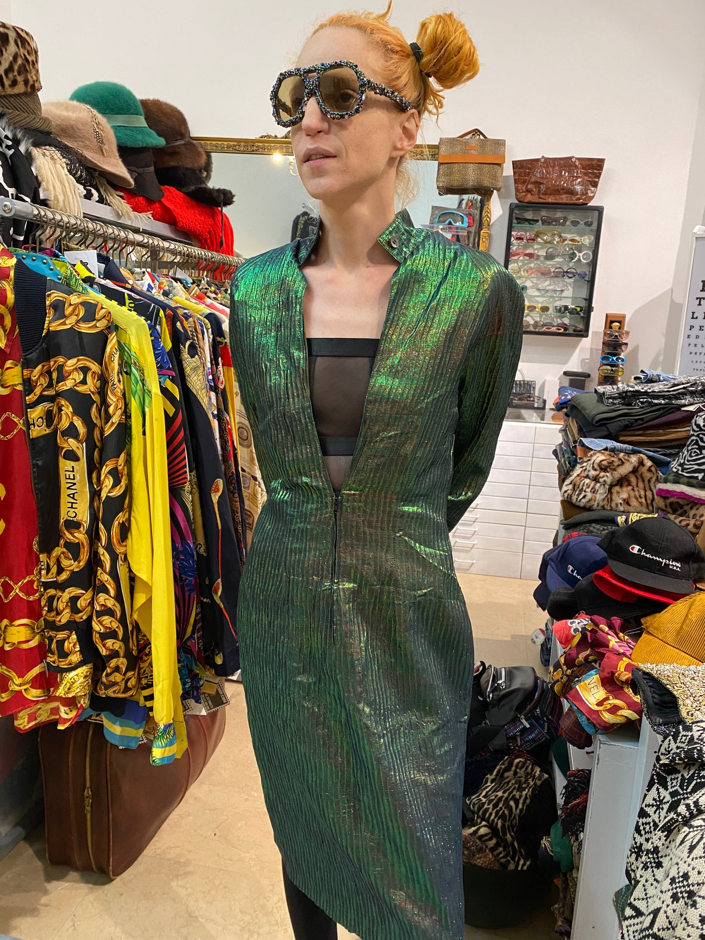 Joop! Iridescent silk-lurex blend sexy front slit dress, 90s and mint