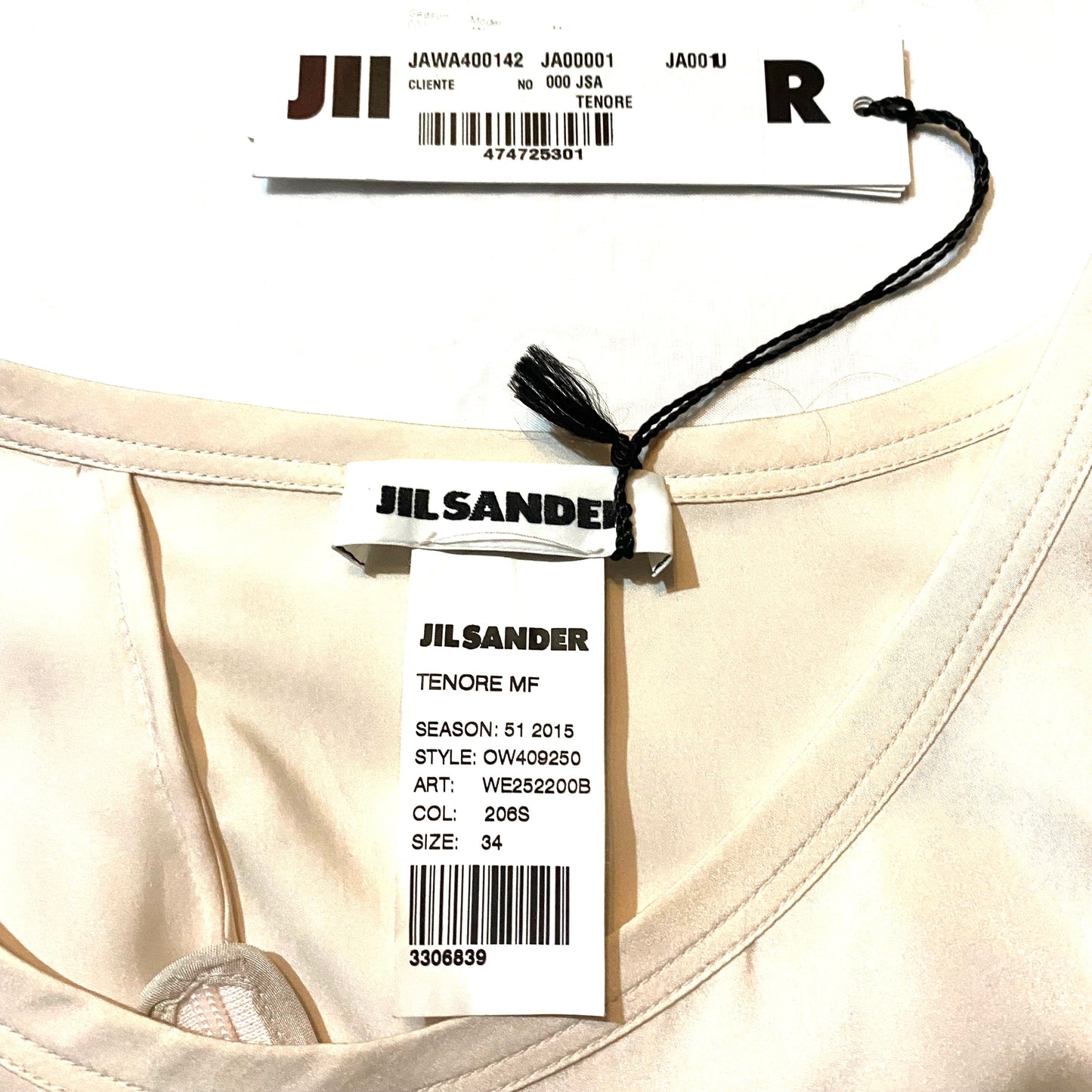 Jil Sander S/S 2015 classy minimalist ecru silk & brown cotton dress, beautiful asymmetric pattern, New, W-Tags