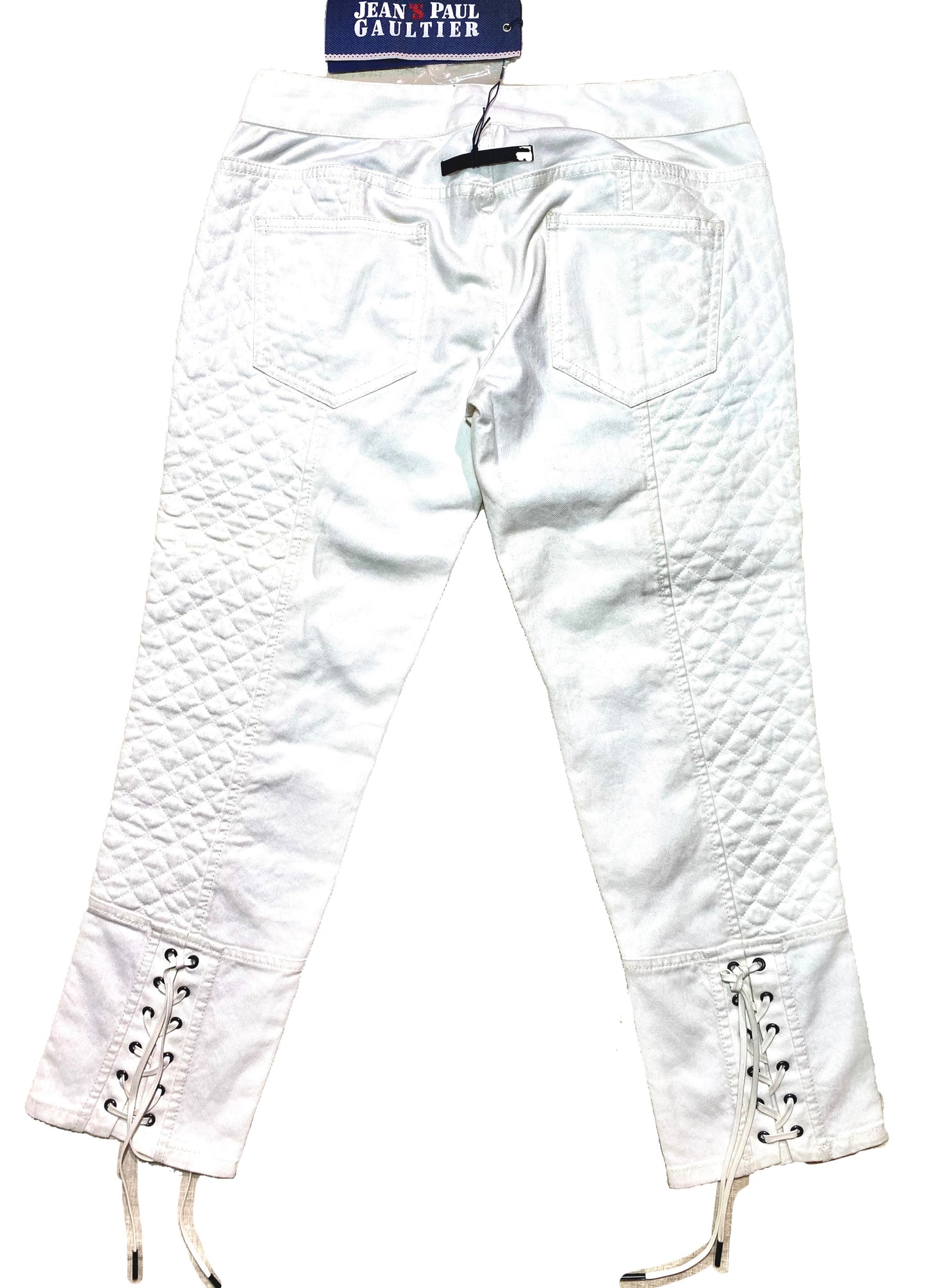 Jean’s Paul Gaultier white stretch denim capri trousers w laces