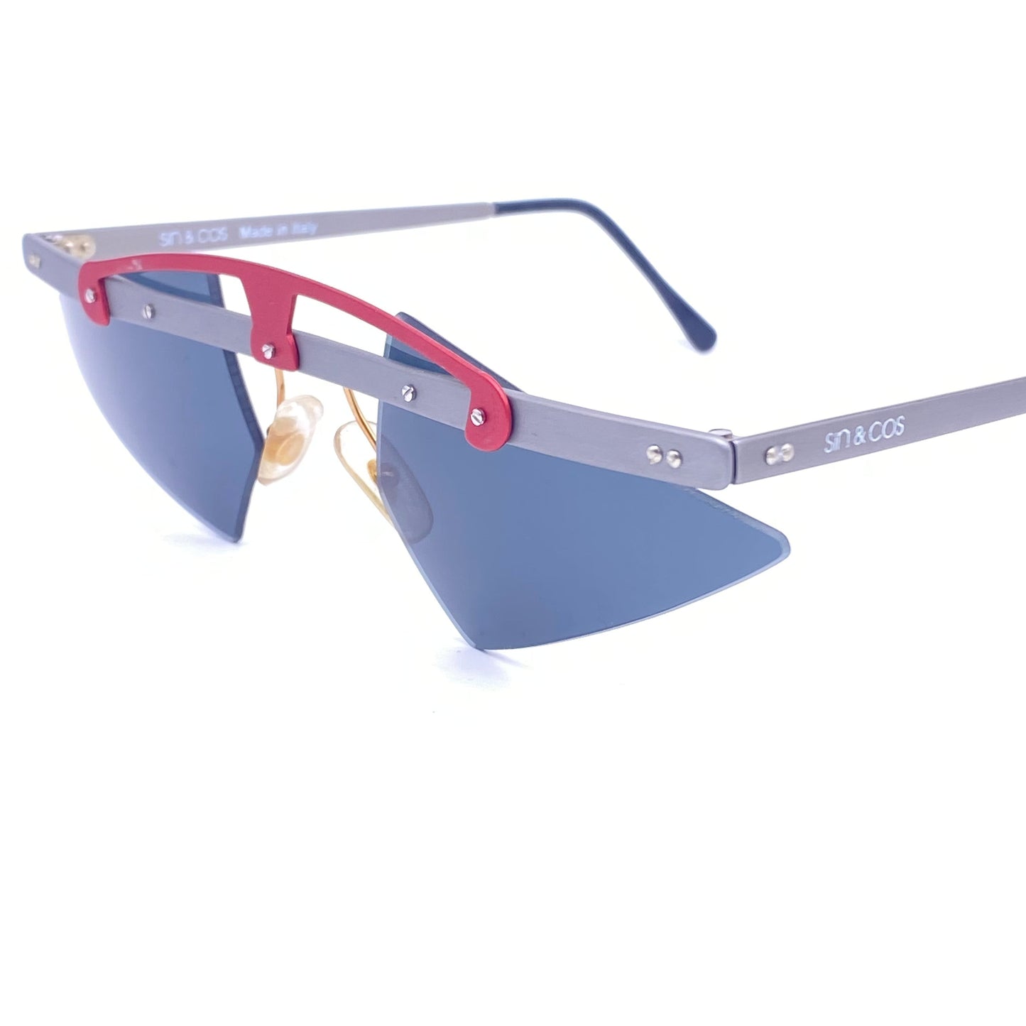 Sin&Cos edgy silver metal sunglasses with metallized red upper bridge, eye catching avant garde design, NOS 90s