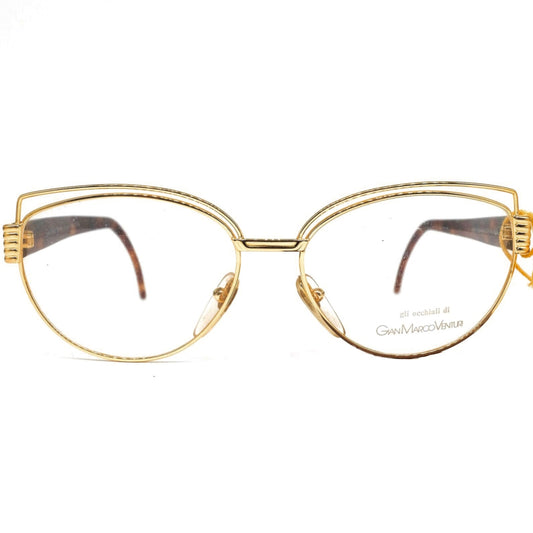 Gian Marco Venturi 024 golden metallic cateye eyeglasses frames with double browline made in Italy with cut off designed hinges, NOS 1990s