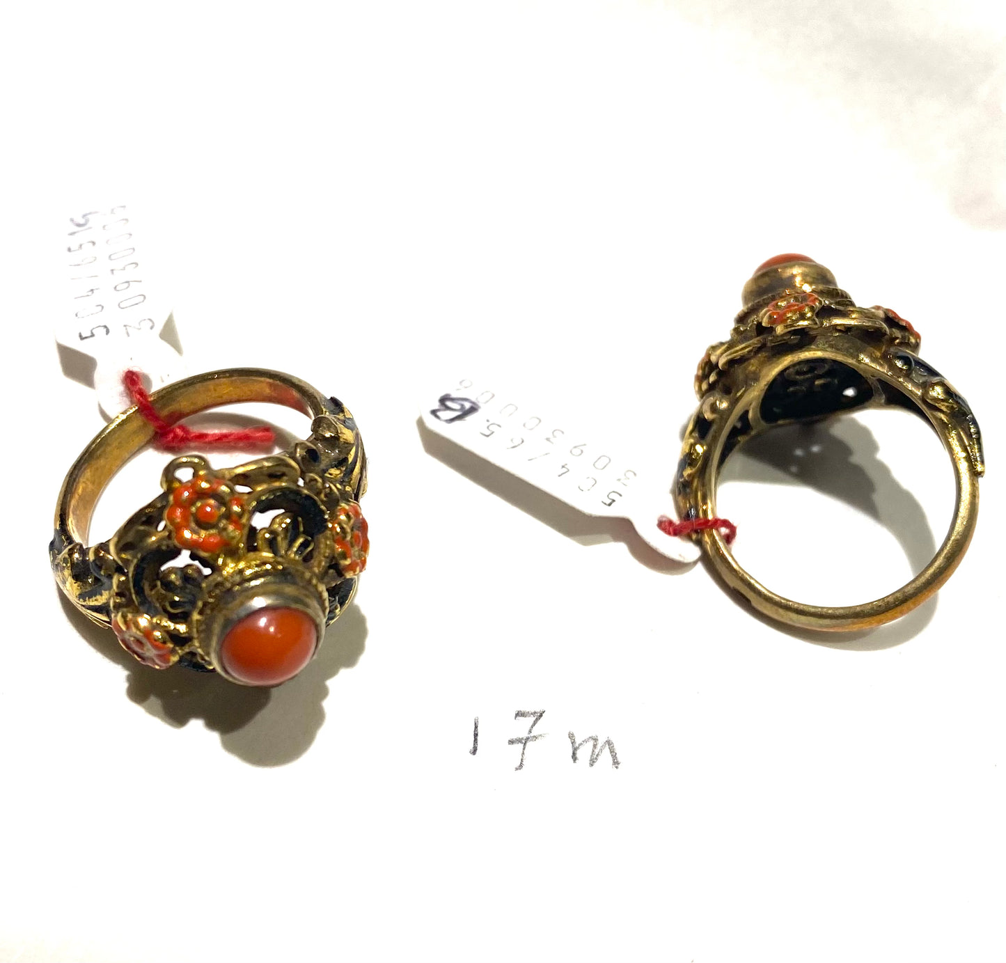 Baroque gold plated ring with natural coral & hand enamels, NOS 60s