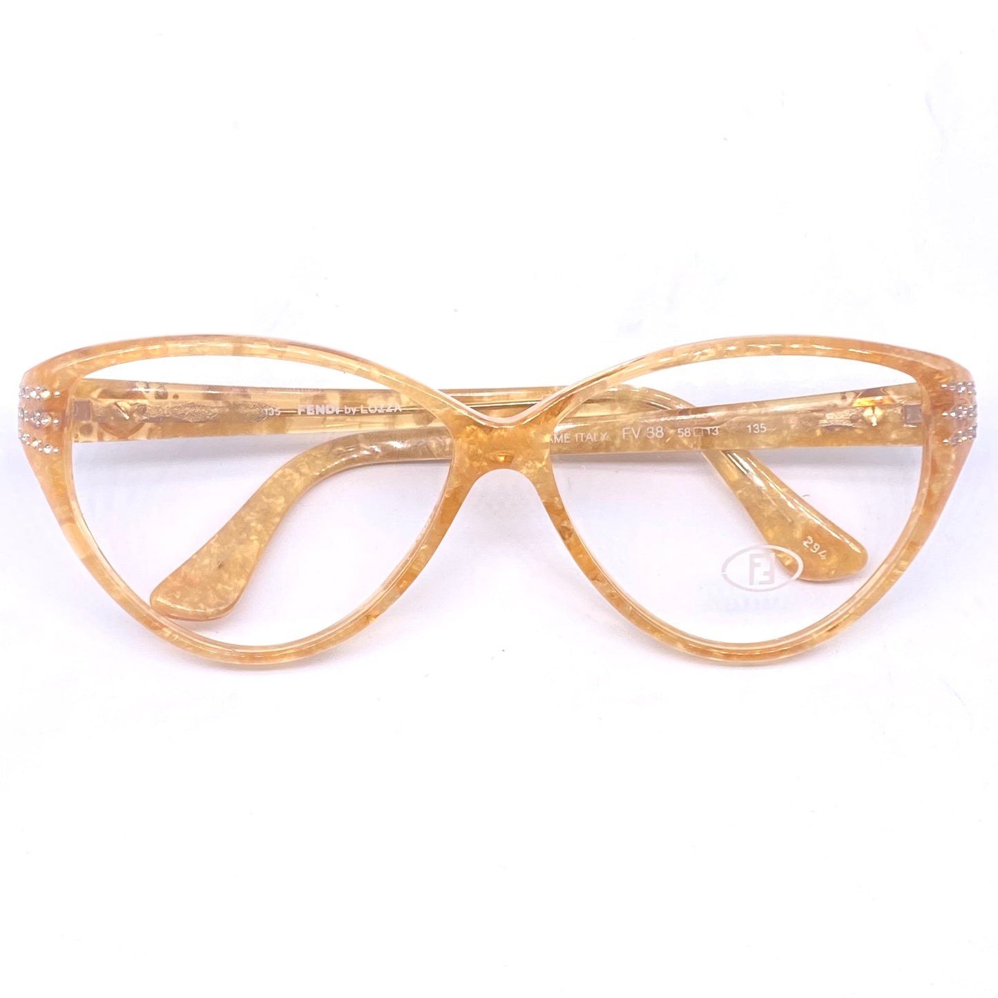 Fendi light amber marbled cateye eyeglasses with rhinestones and F logo