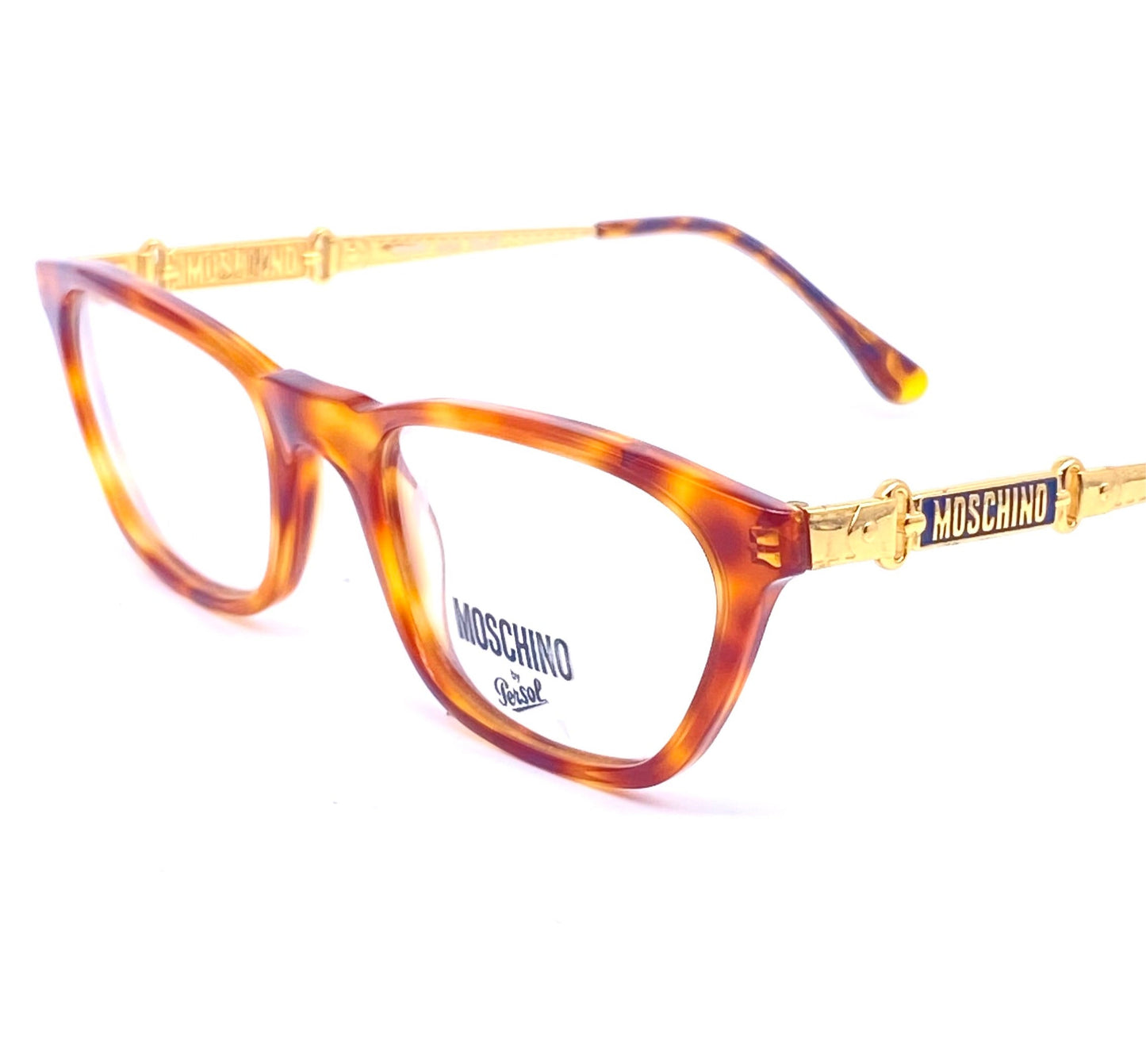 Moschino Persol square demi blonde eyeglasses with carved golden metal belt/buckle temples, so cute and minty