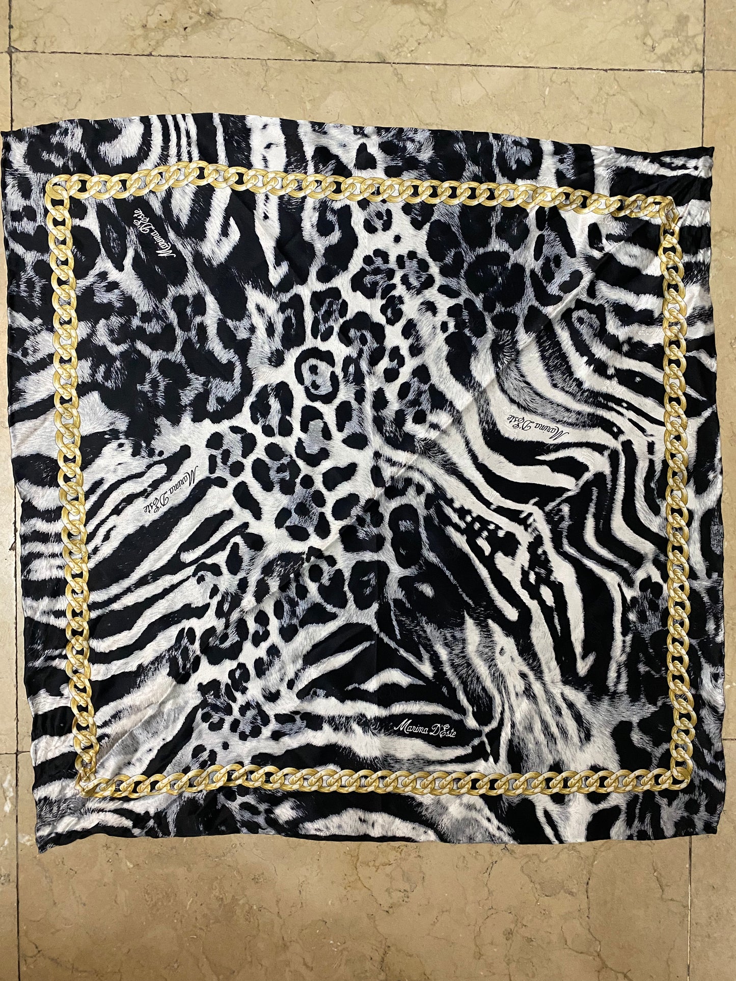 Marina D’Este B/W animalier print silk scarf w golden chain framing, BNWT