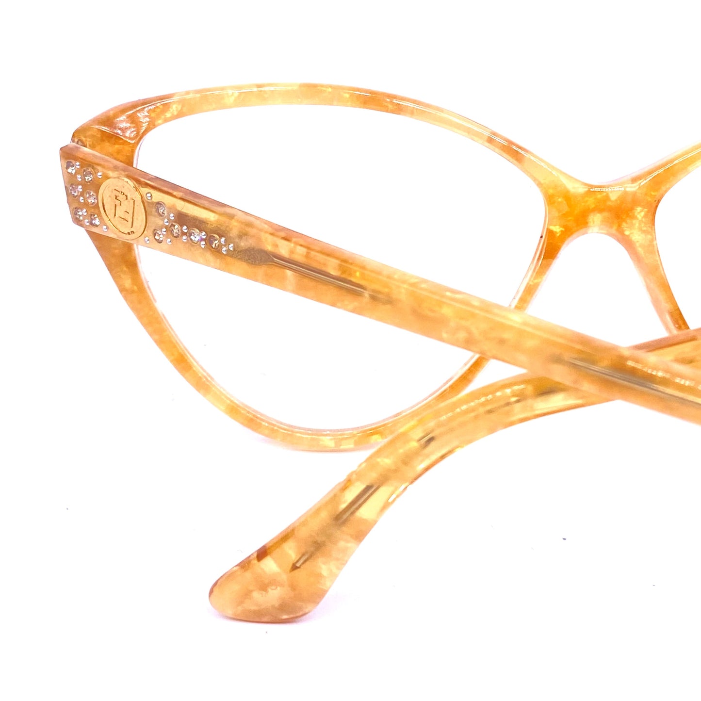 Fendi light amber marbled cateye eyeglasses with rhinestones and F logo