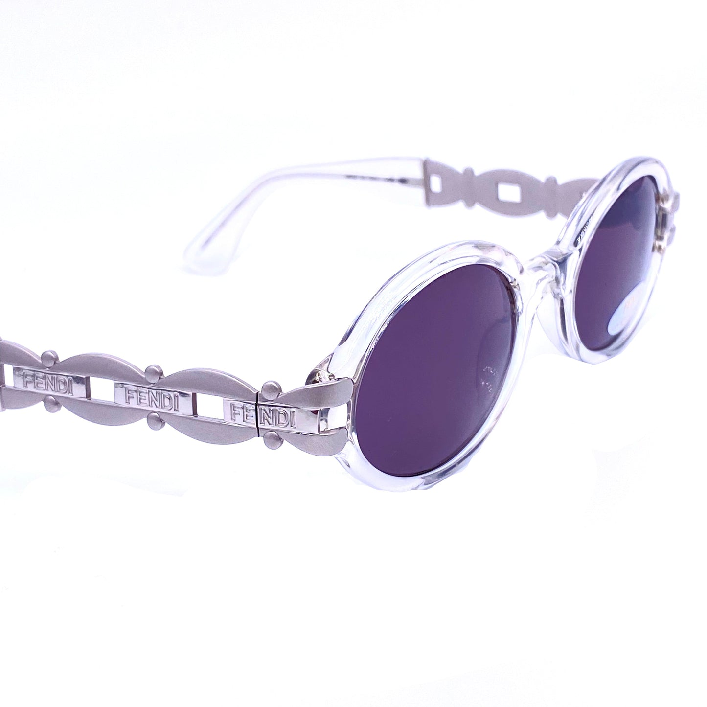 Fendi 90s hip oval sunglasses with chain styled temples carved logo, front in green or clear translucent cello, NOS Italy