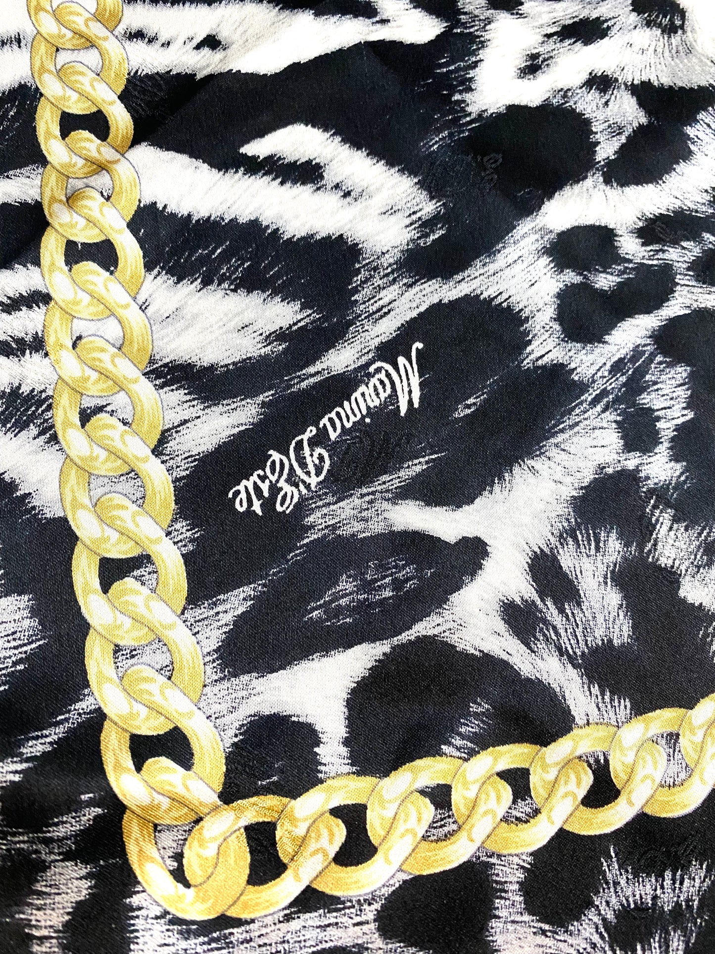 Marina D’Este B/W animalier print silk scarf w golden chain framing, BNWT