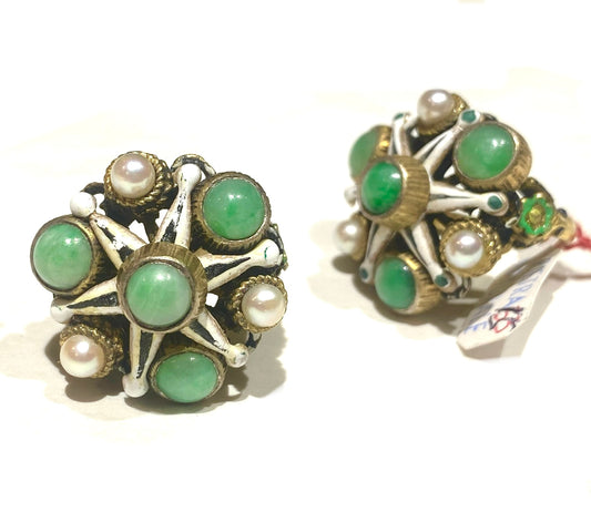 Baroque gold plated silver 925 imperial Jade + Pearls & enamel windstar ring, 1950s NOS