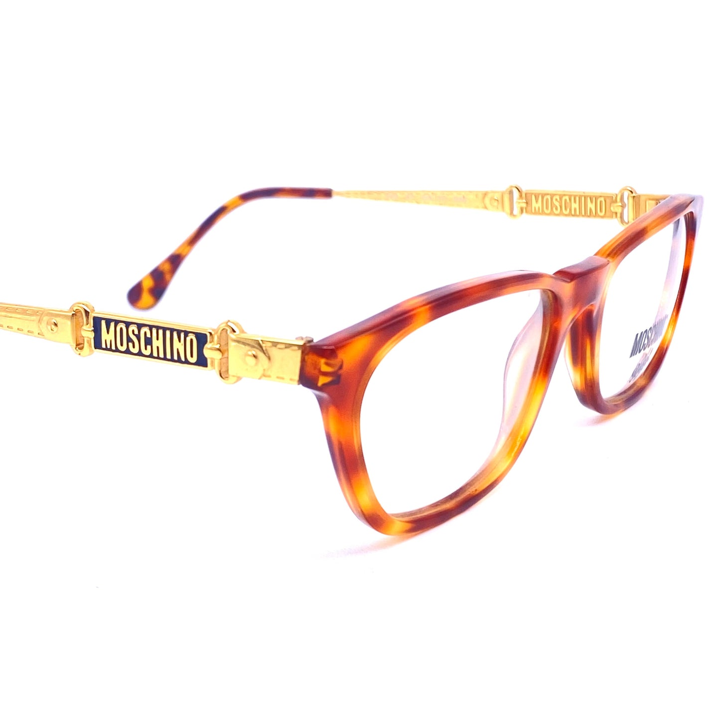 Moschino Persol square demi blonde eyeglasses with carved golden metal belt/buckle temples, so cute and minty