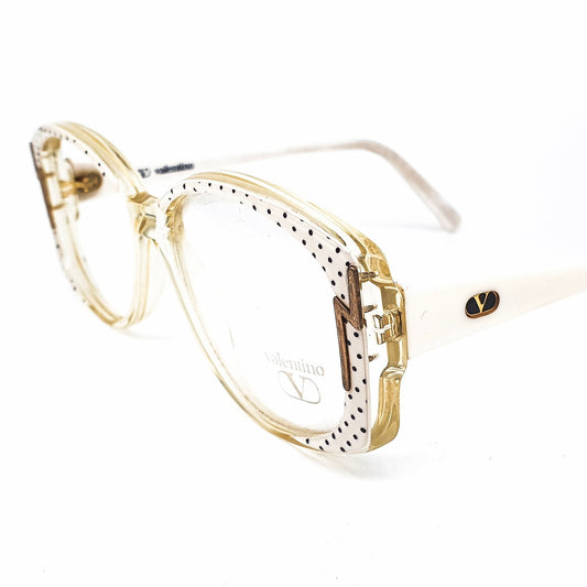 Valentino 140 Oversized white/honey oval-drop ladies eyeglasses frames with polka dots, 1980s NOS Italy