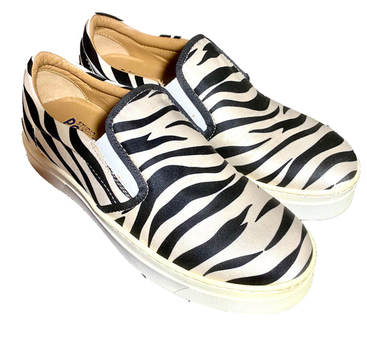 Pollini Studio satin zebra animalier slip on sneakers leather sole, brand new