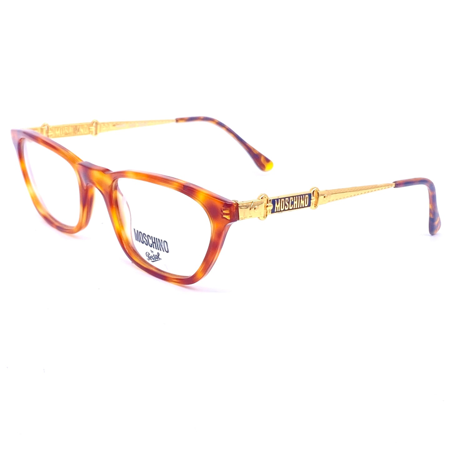 Moschino Persol square demi blonde eyeglasses with carved golden metal belt/buckle temples, so cute and minty