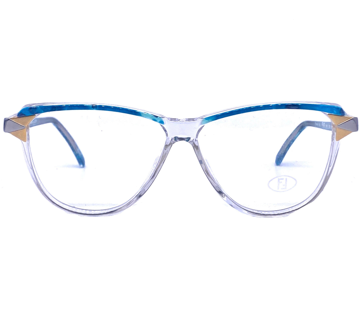 Fendi FV87 clear drop shaped cateye with blue marbled brows and silver/gold hinges and logo