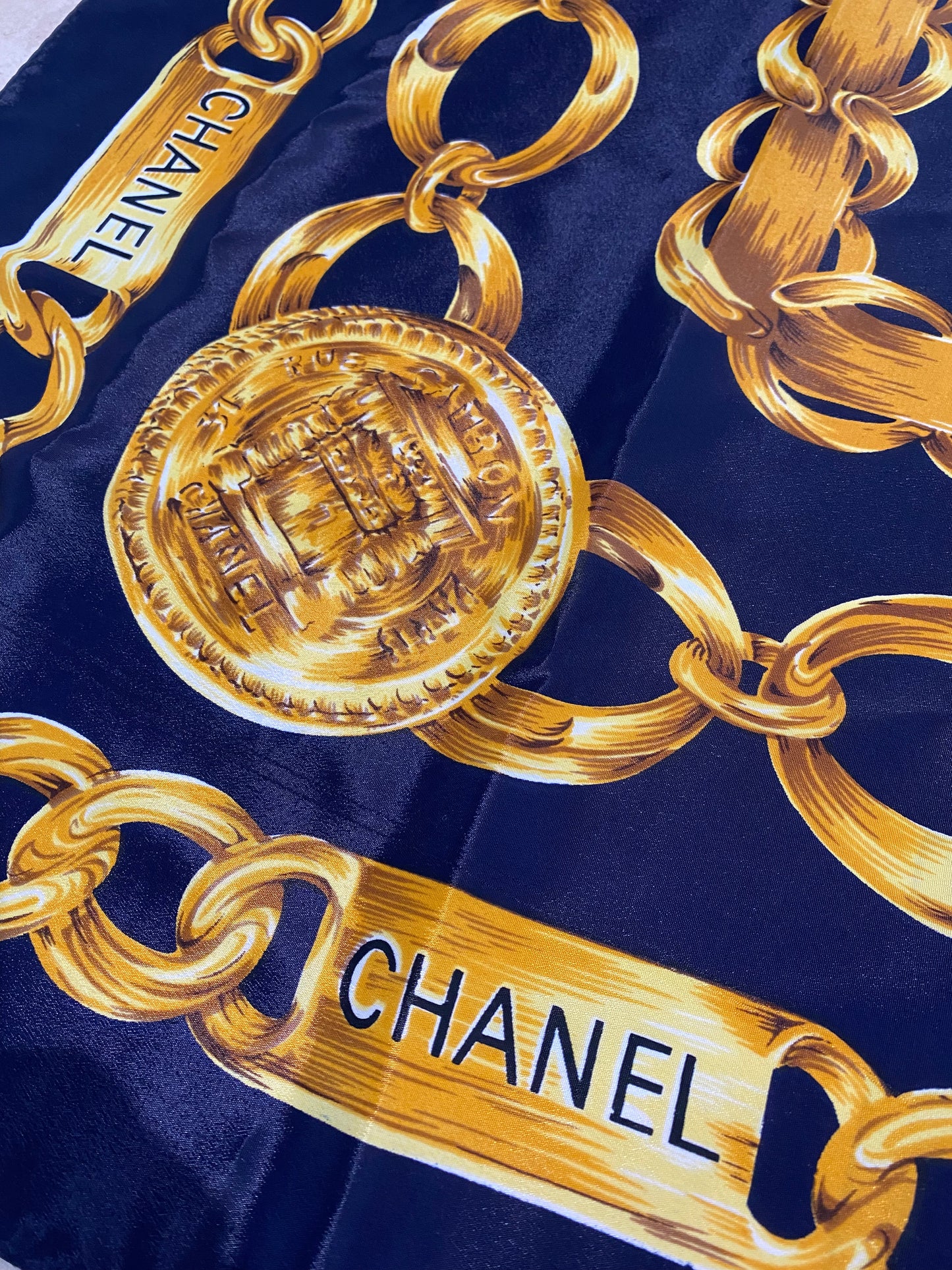 Chanel Paris iconic golden chains silk scarf, great condition