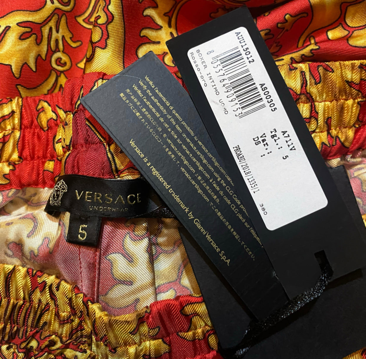 Versace Virtus V silk trunks in red w gold baroque motif, BNWT