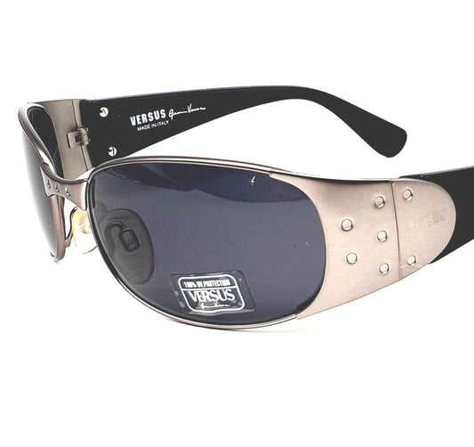 Versus Versace R52 dark silver wrap with carved dots on the temples sunglasses made in Italy, 1990s NOS