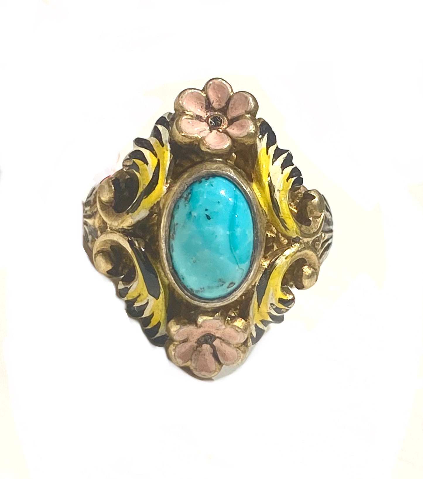 Turquoise cameo & pink enamel gold plated 925 silver ring, 60s NOS
