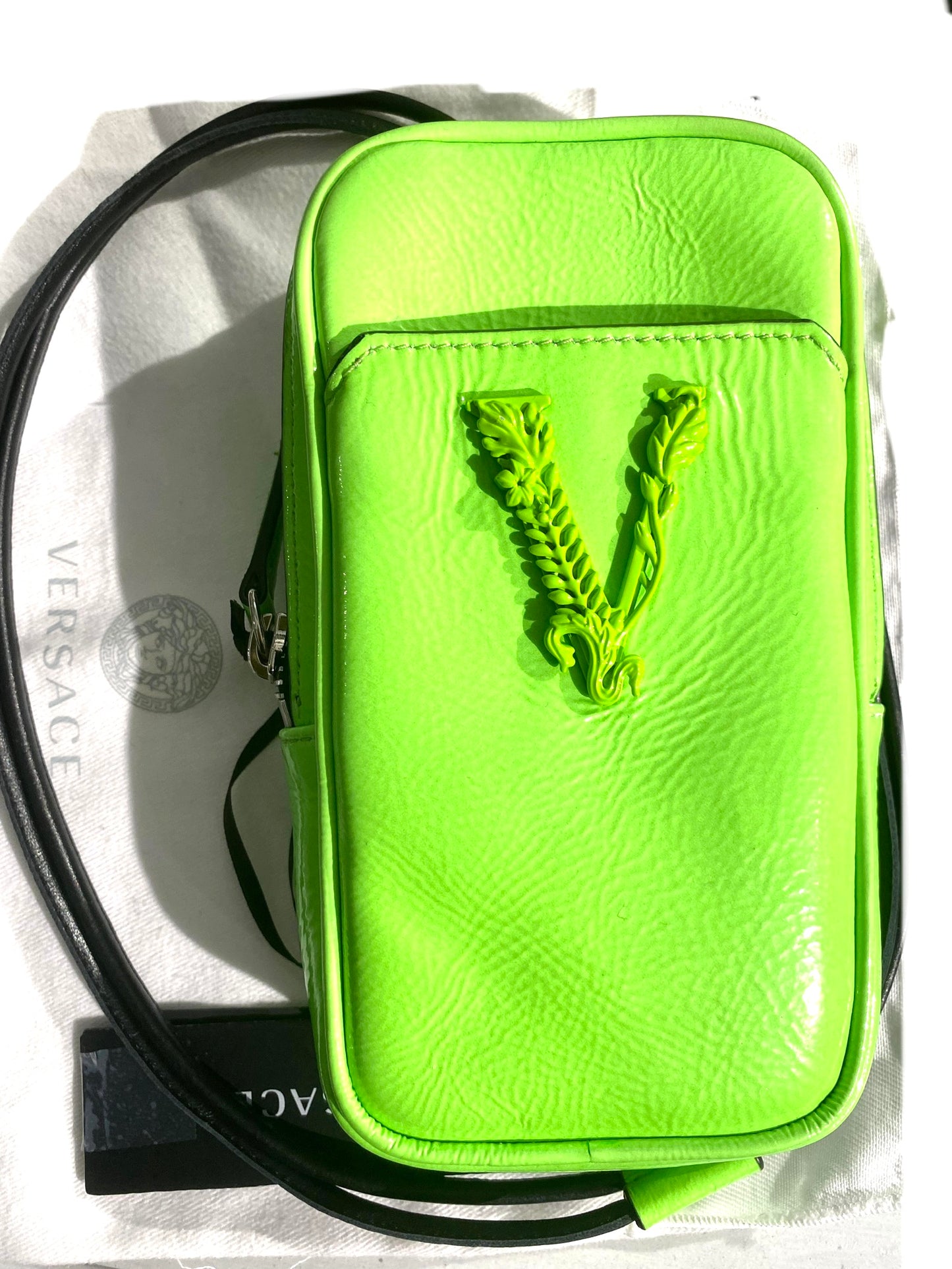 Versace Virtus V acid green small bag w neck strap