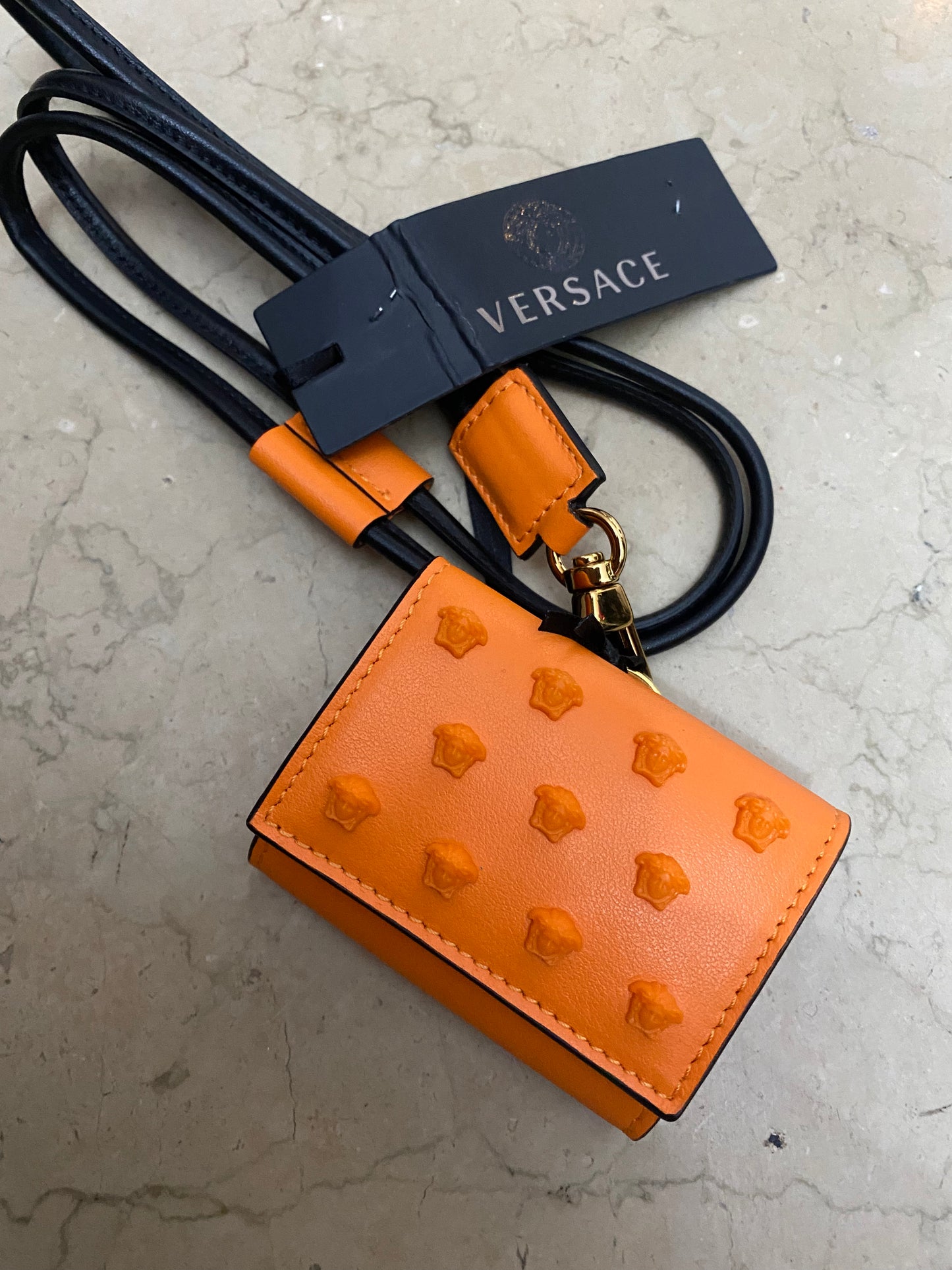 Versace micro AirPods bag orange leather with medusa studs, BNWT