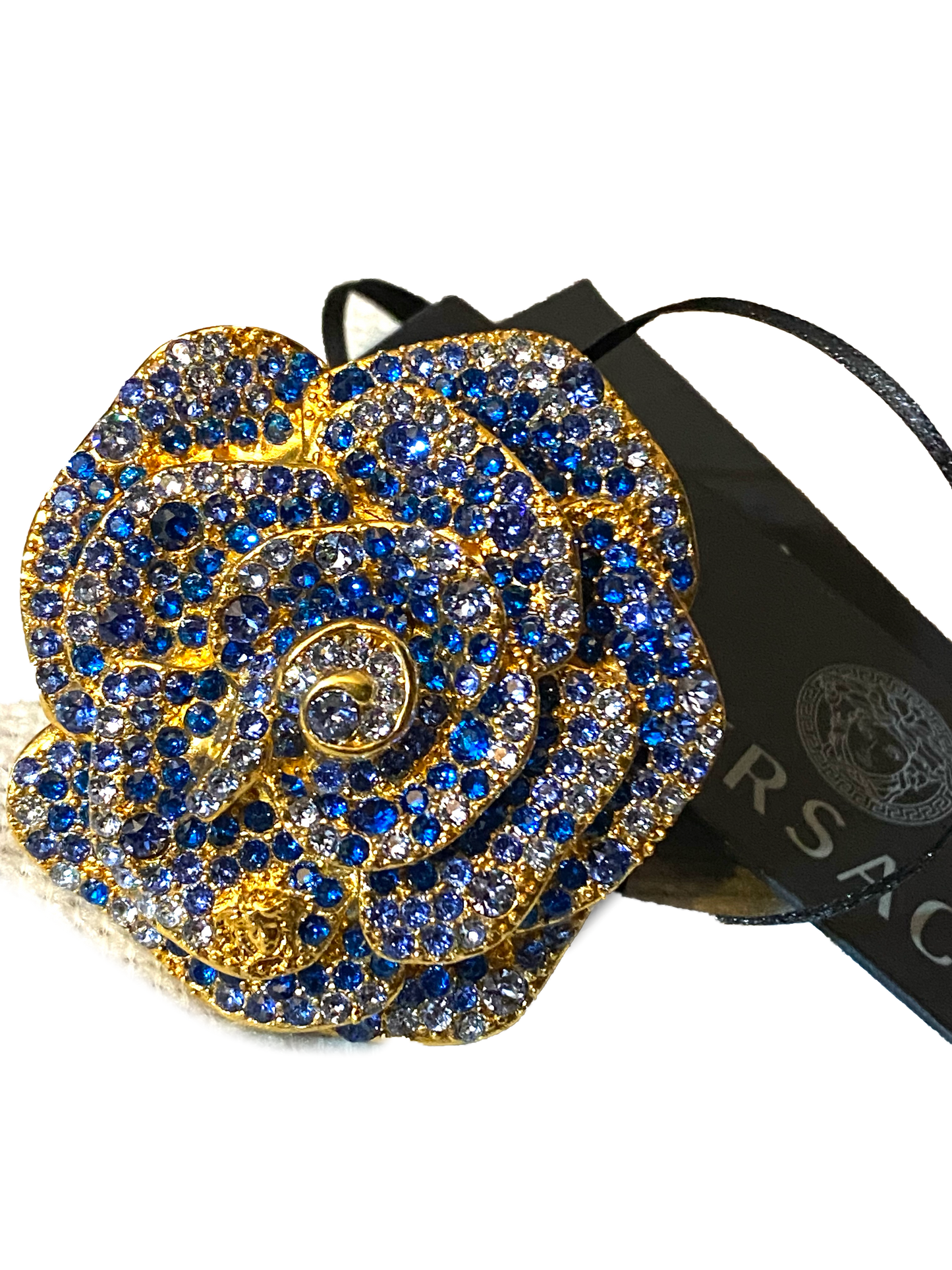 Versace tribute huge gold plated rose flower ring fully coated in blue stresses, new