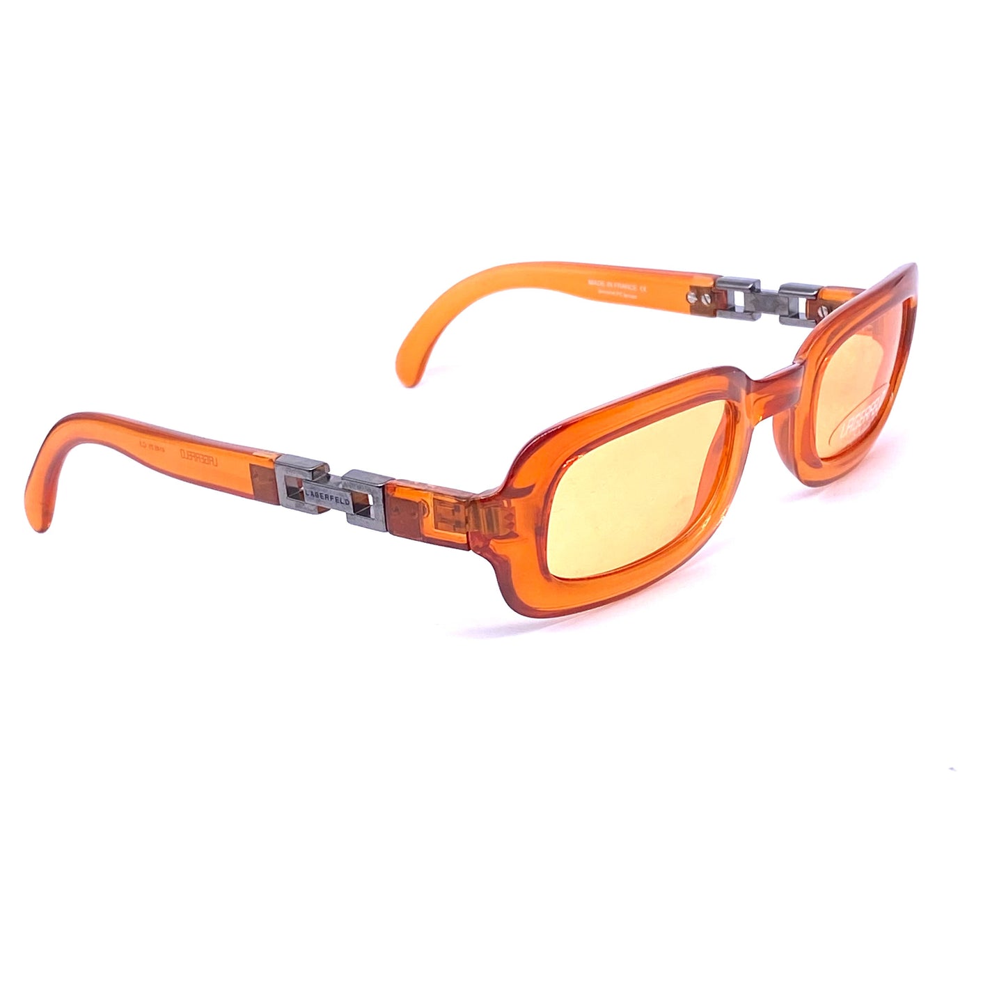 Karl Lagerfeld square orange sunglasses with chain temples detail, NOS 90s France