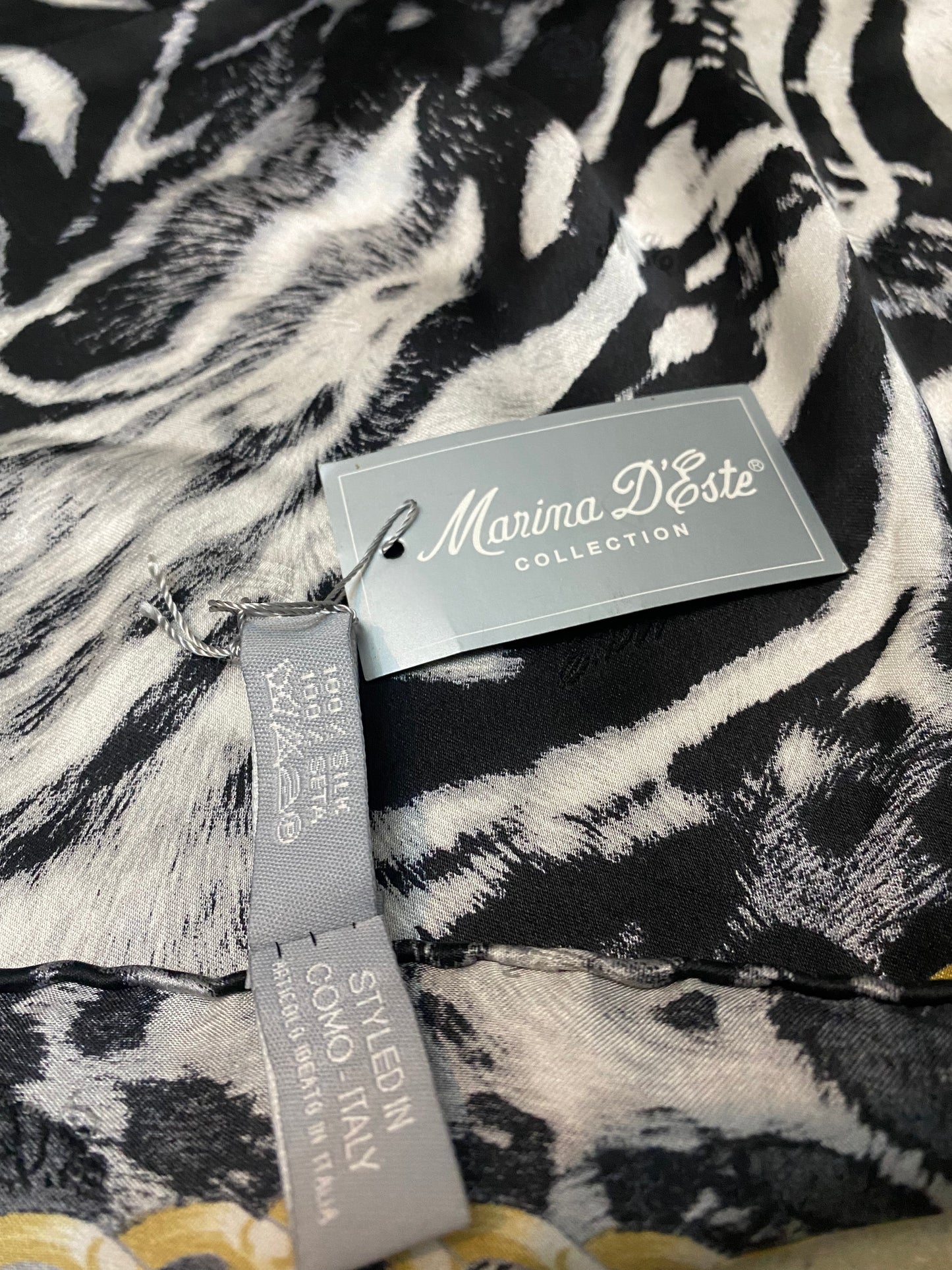 Marina D’Este B/W animalier print silk scarf w golden chain framing, BNWT
