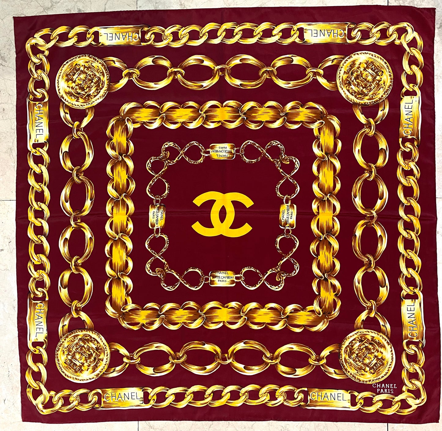 Chanel Paris iconic golden chains silk scarf, great condition