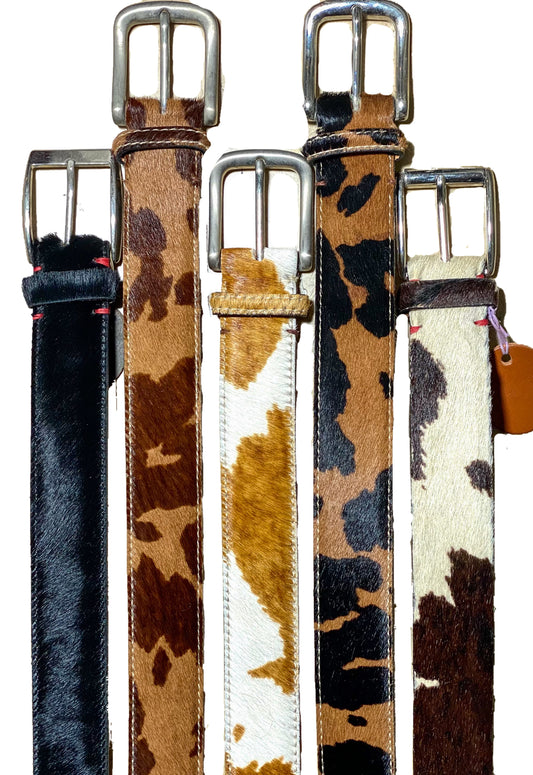 Cowhide sheared fur Artisanal leather belts made in Italy, 1990s NOS