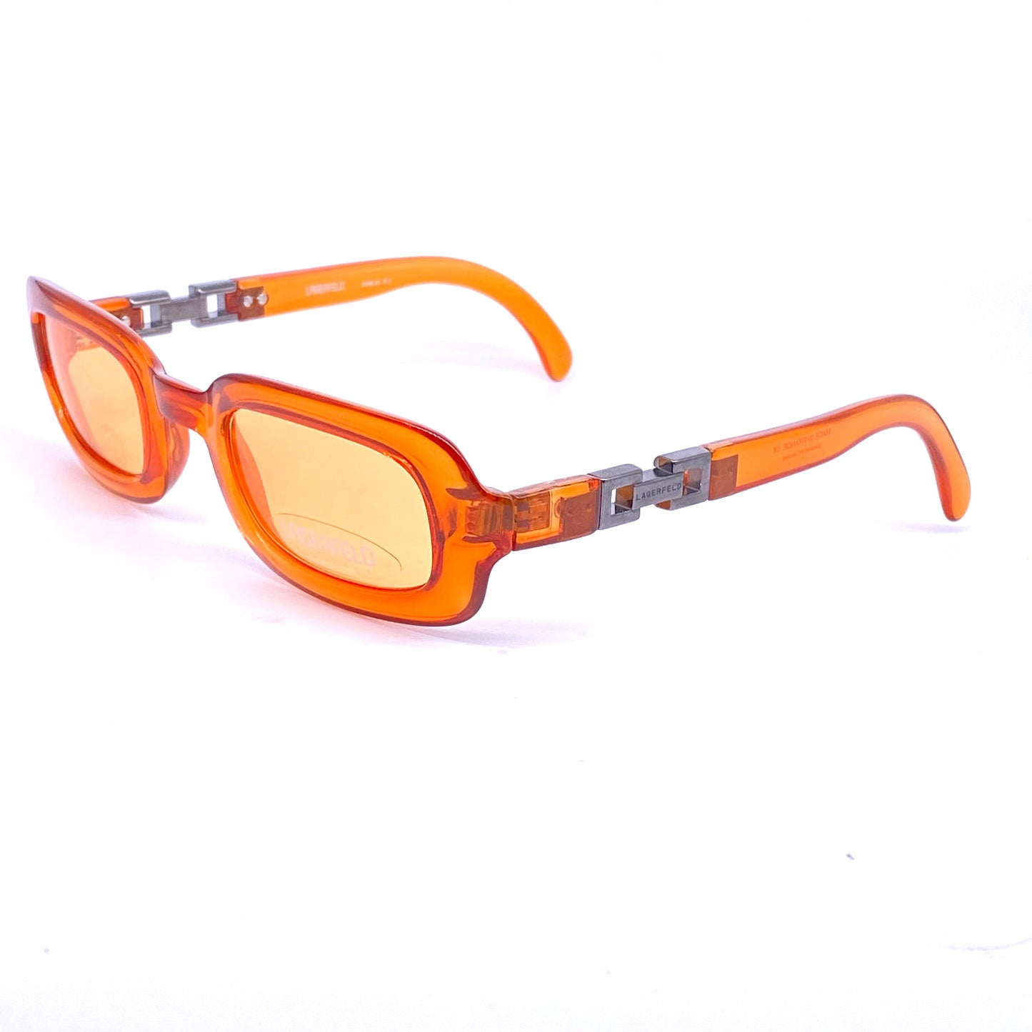 Karl Lagerfeld square orange sunglasses with chain temples detail, NOS 90s France