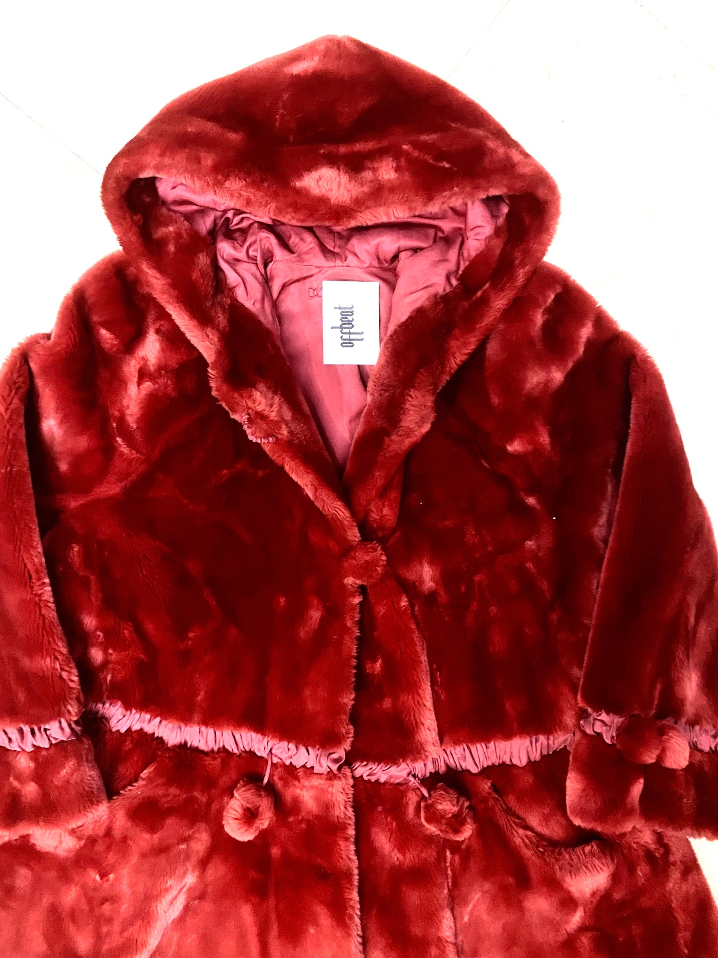 Faux Red fur hooded coat , tailor made, 80s and mint