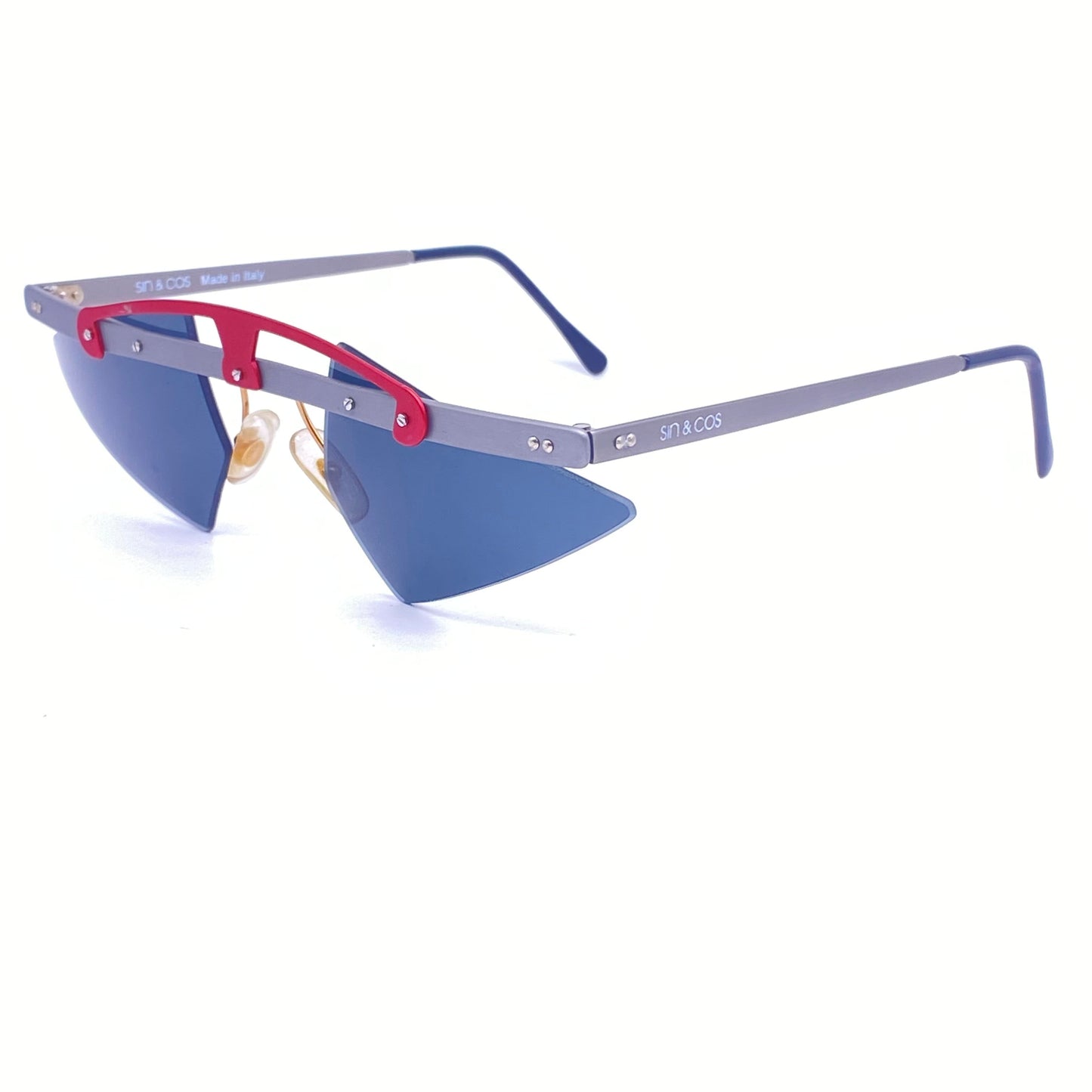 Sin&Cos edgy silver metal sunglasses with metallized red upper bridge, eye catching avant garde design, NOS 90s