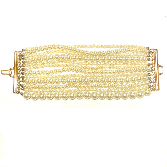Bracelet w Faux Pearls, multiple lines of different sizes  with brass mount, NOS 80s