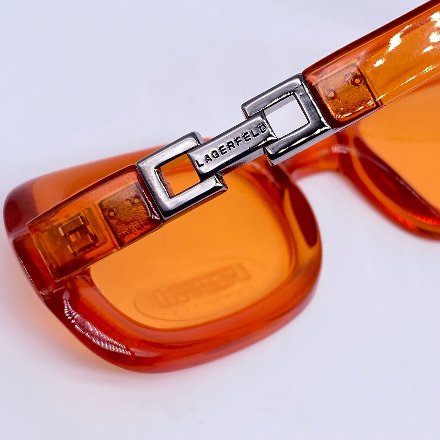 Karl Lagerfeld square orange sunglasses with chain temples detail, NOS 90s France