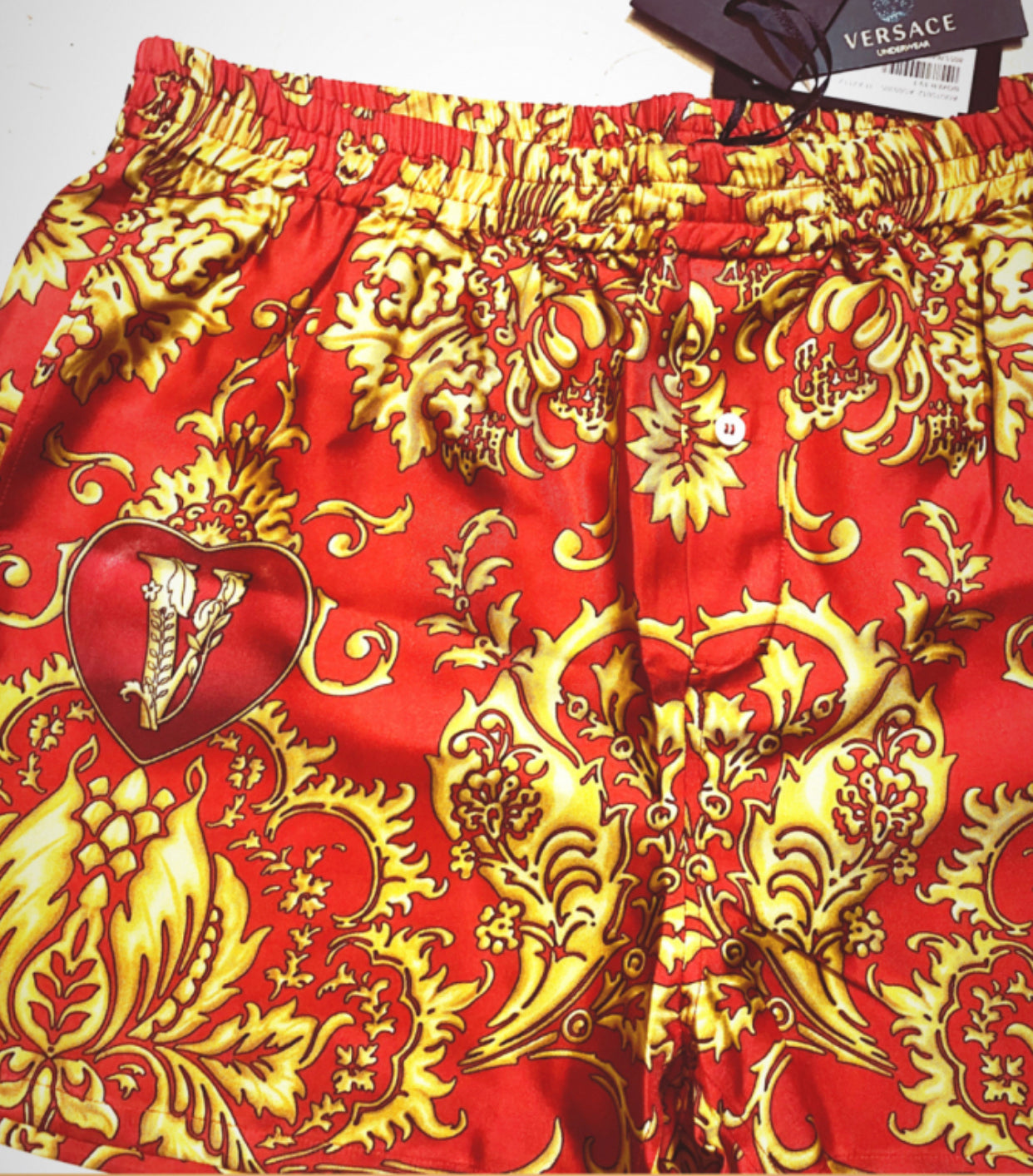 Versace Virtus V silk trunks in red w gold baroque motif, BNWT