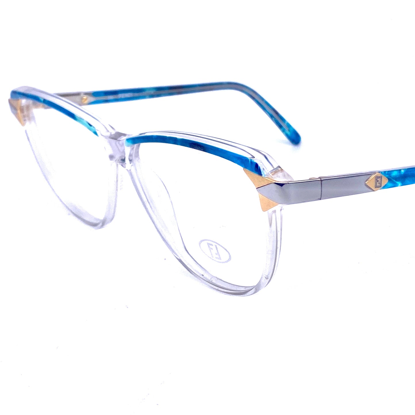 Fendi FV87 clear drop shaped cateye with blue marbled brows and silver/gold hinges and logo