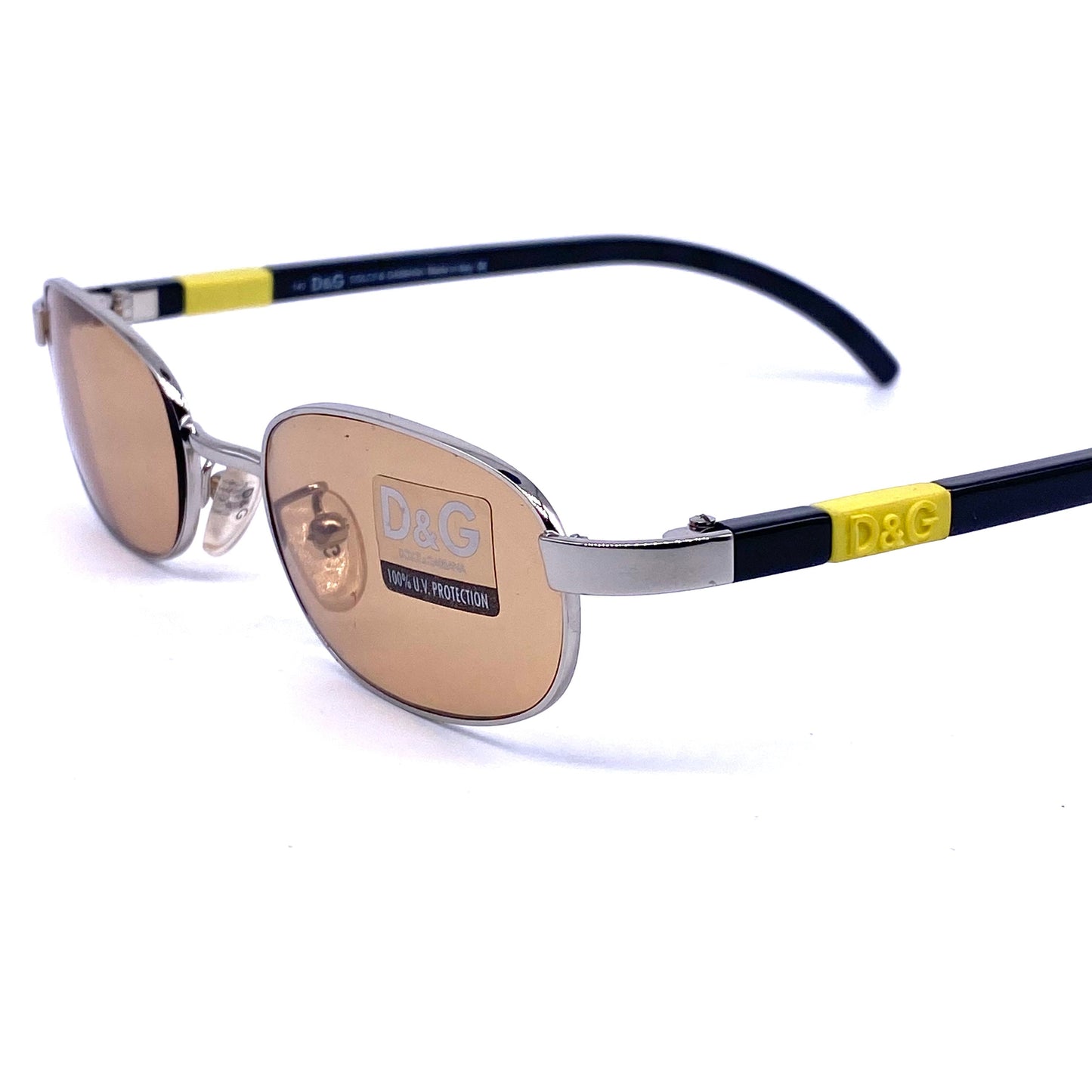 D&G minimalist rectangular metal sunglasses with black temples & neon yellow logo, NOS 90s Italy