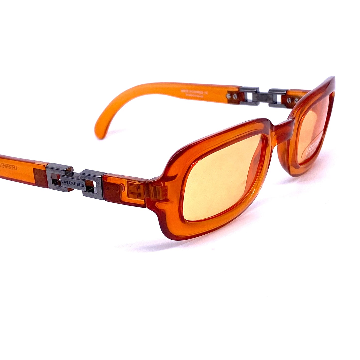 Karl Lagerfeld square orange sunglasses with chain temples detail, NOS 90s France