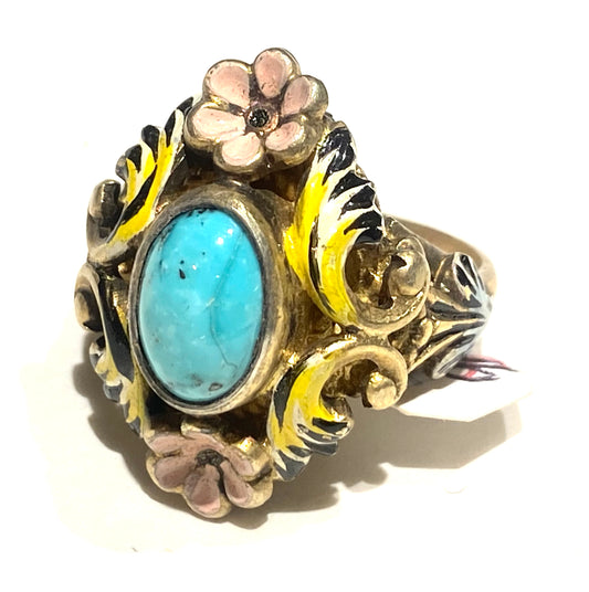 Turquoise cameo & pink enamel gold plated 925 silver ring, 60s NOS