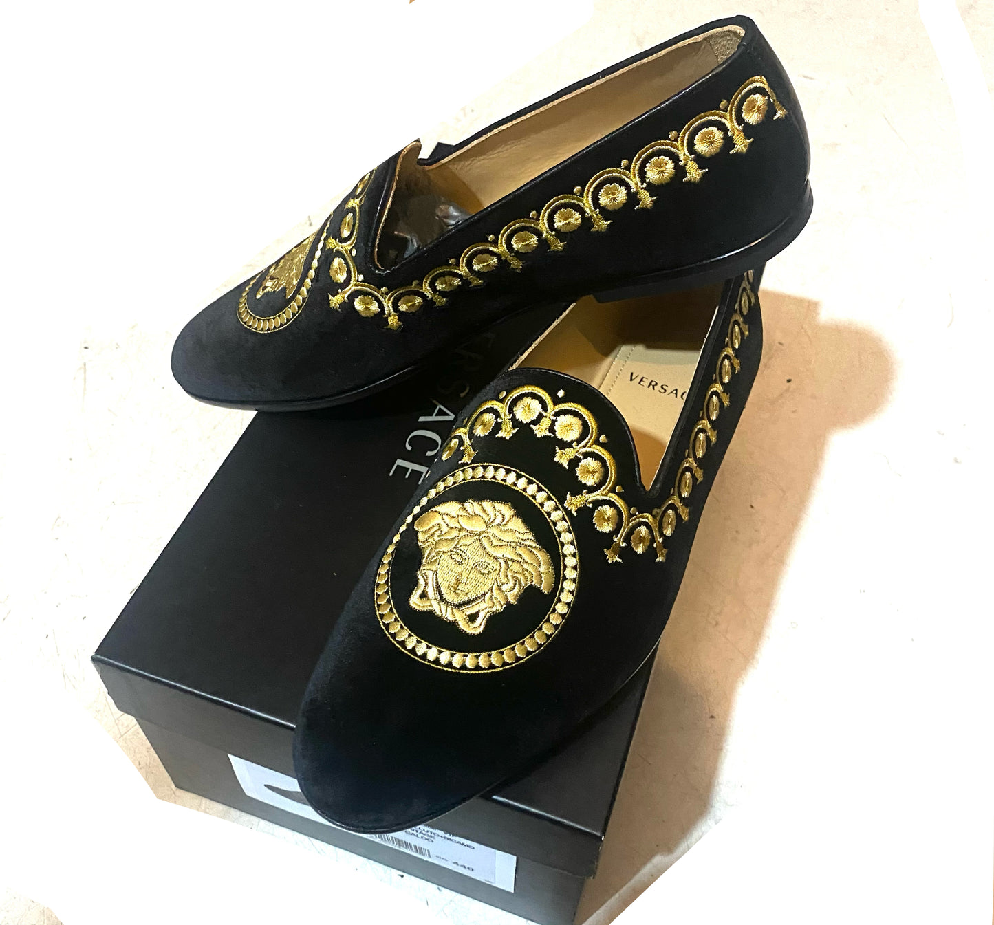 Versace golden Medusa embroidered black velvet sleepers shoes, New & Boxed